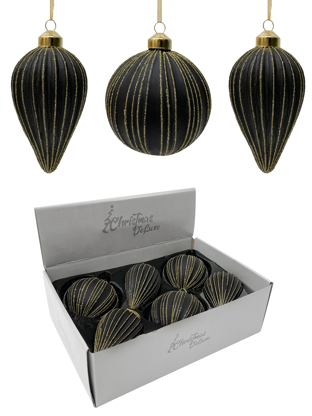 Изображение товара Стеклянный елочный шар с золотыми акцентами ø 10 см черный в минимальной партии 6 шт.