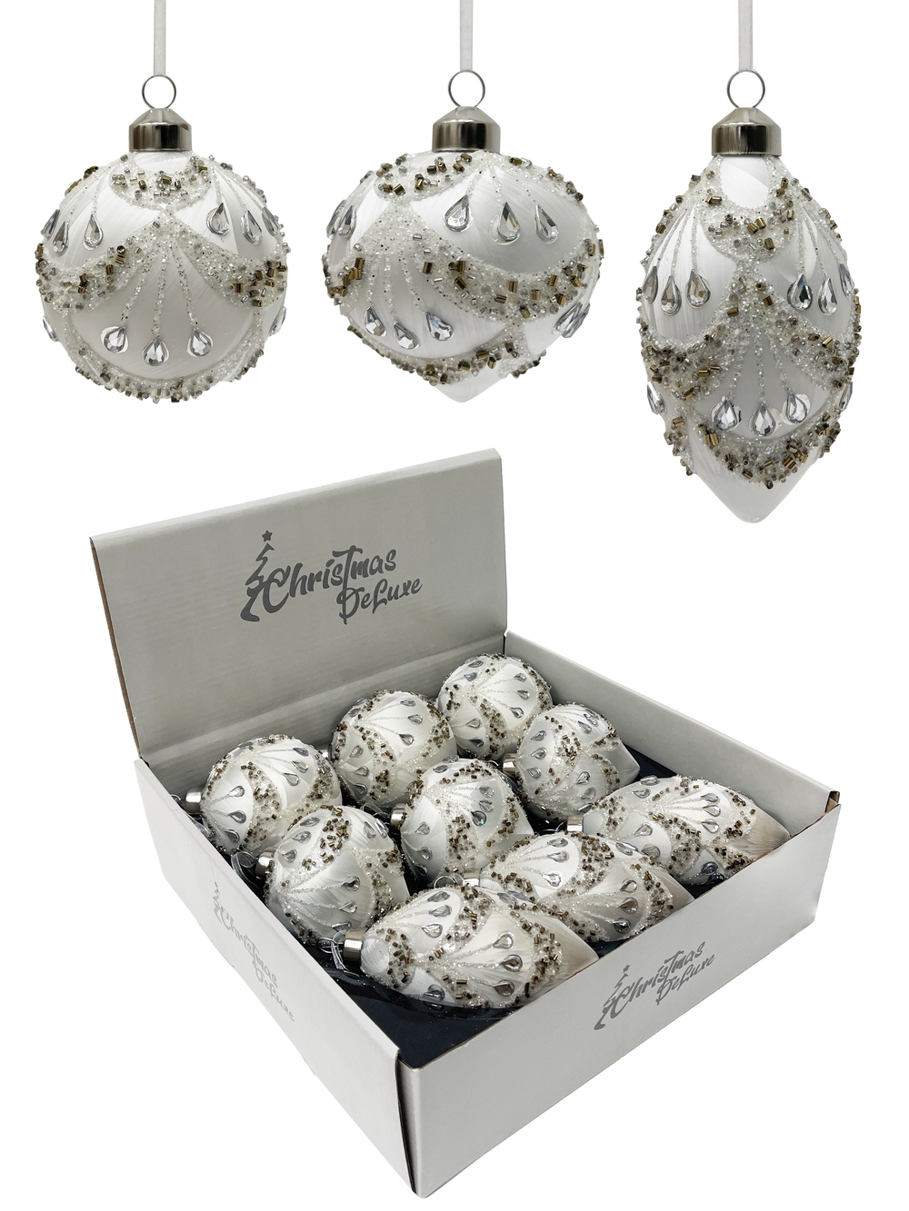 Изображение товара Шар стеклянный 8 см белый с узором для елки