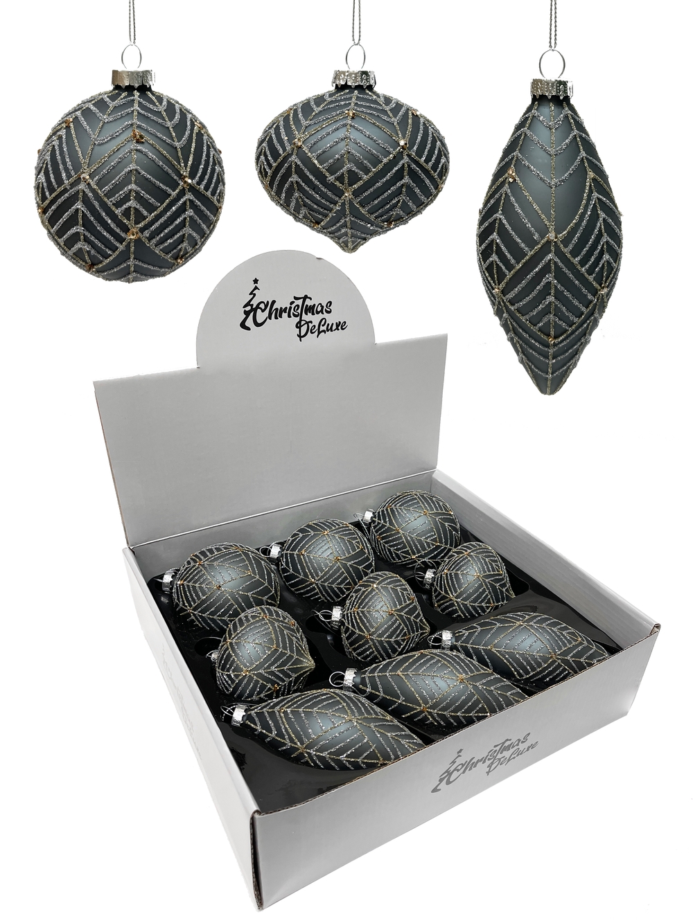 Изображение товара Стеклянный елочный шар ø 8 см графитовый с серебристо-золотым узором 3 вида дисплей