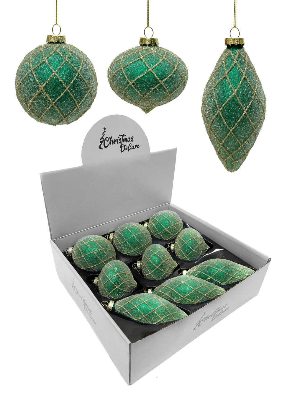 Изображение товара Шар стеклянный ø 8 см зеленый с узором шампань для елки