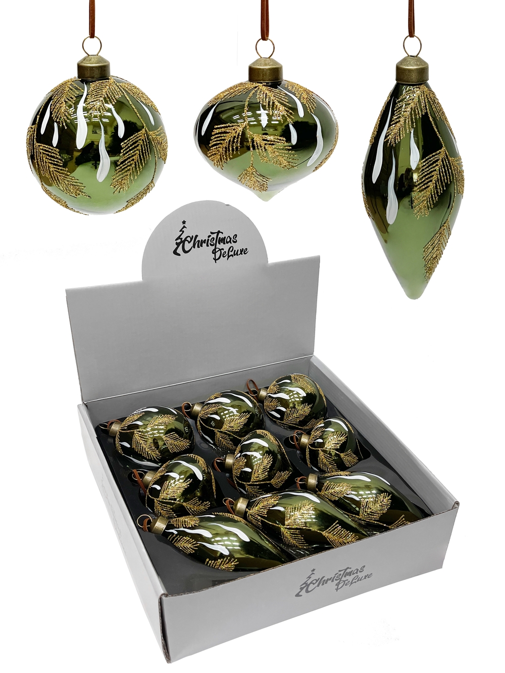 Изображение товара Зеленый стеклянный шар-луковка ø 8 см с ветками для праздничного декора