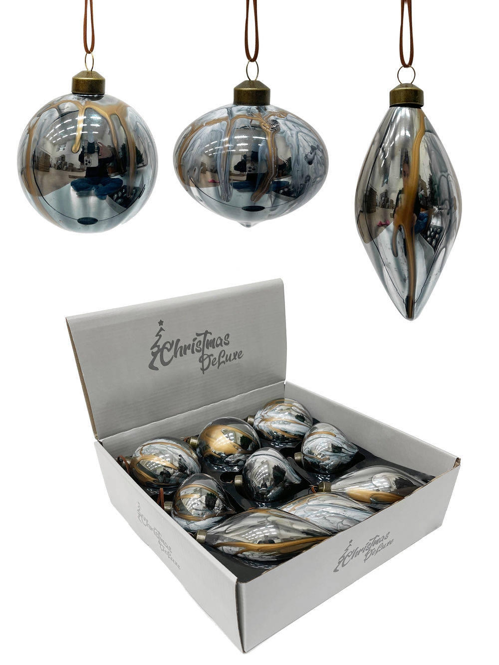 Изображение товара Шар/капля/шар-луковка стеклянный ø 8 см темно-серый с разводами 3 вида дисплей (мин. Партия 9 шт.)