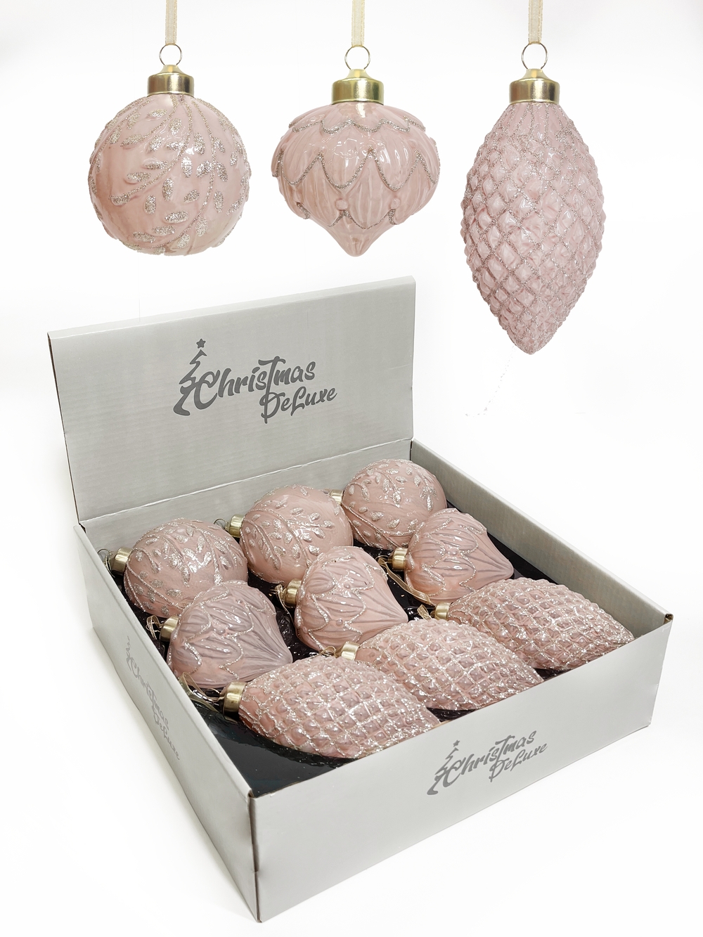 Изображение товара Стеклянные елочные украшения шар капля шар-луковка ø 8 см шампань 3 вида в дисплее