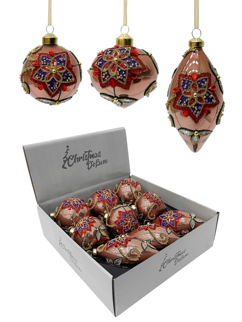 Изображение товара Шар/капля/шар-луковка стеклянный ø 8 см бежево-розовый с цветочным орнаментом (мин. Партия 9 шт.)