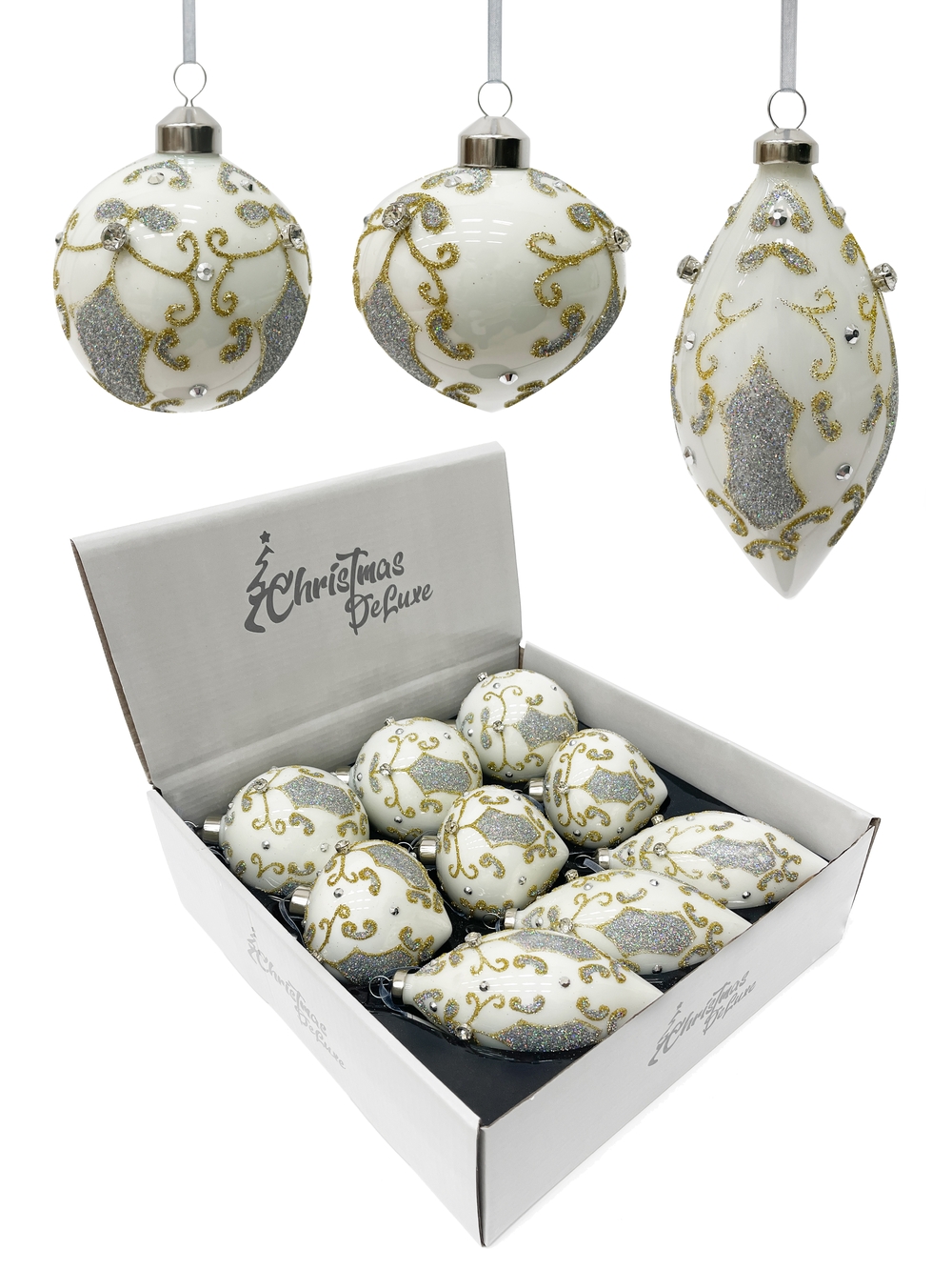 Изображение товара Стеклянный новогодний шар с серебром ø 8 см белый елочные украшения ChristmasDeLuxe