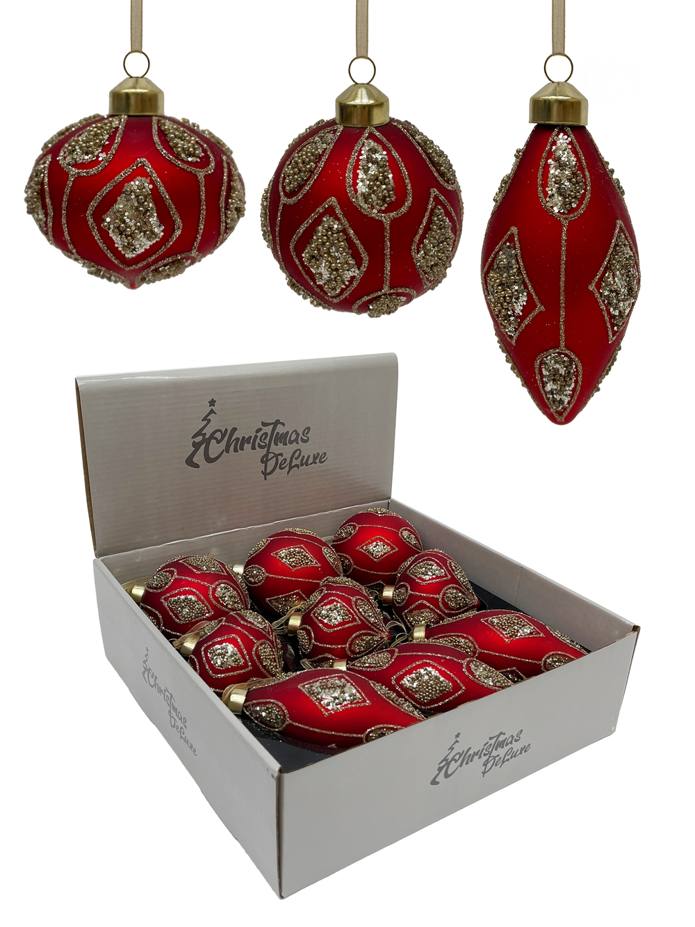 Изображение товара Стеклянные елочные украшения в виде шаров с золотым узором 8 см набор 3 вида