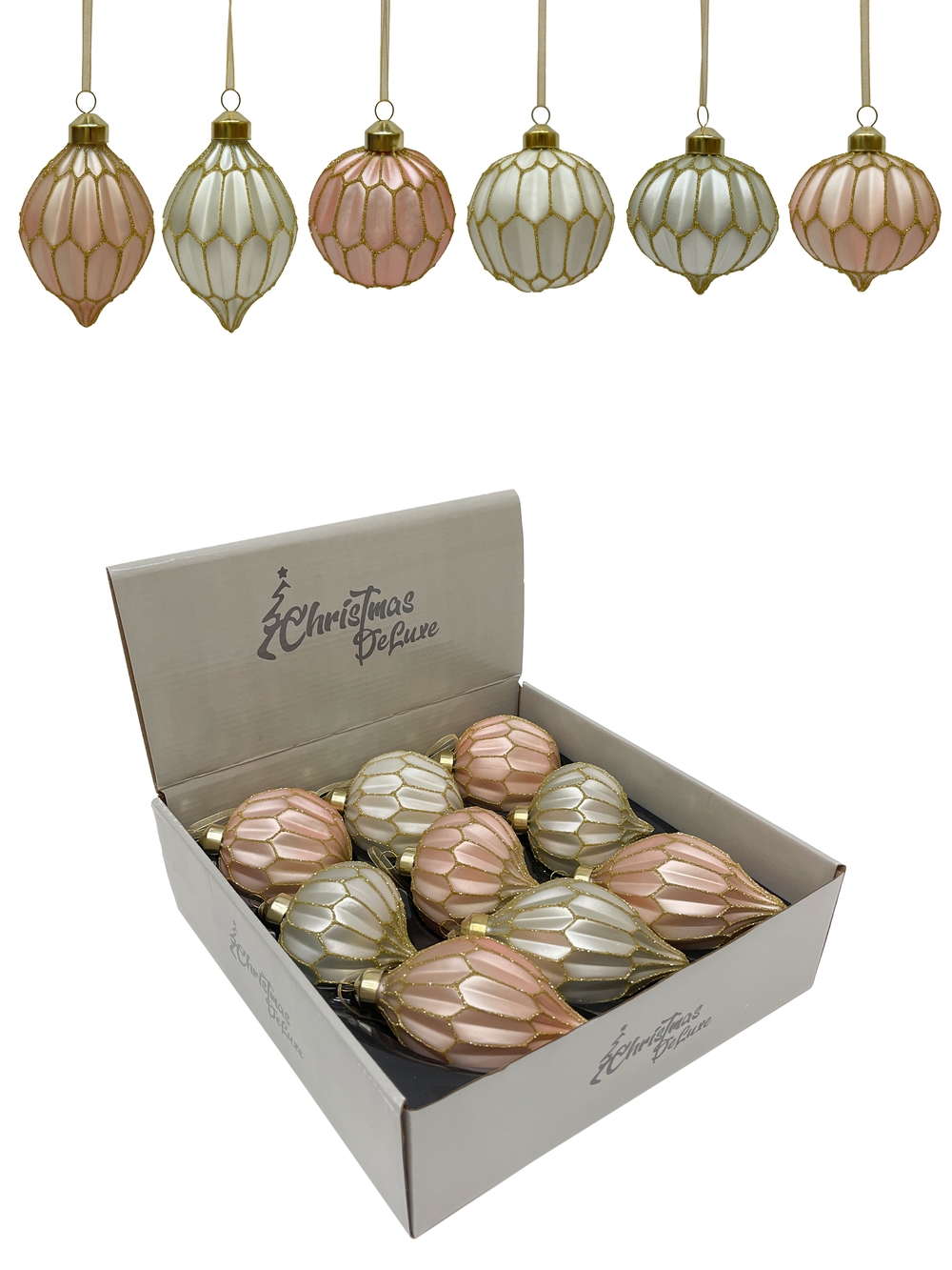 Изображение товара Шар/капля/шар-луковка фактурный стеклянный ø 8 см розовый/белый с золотом 3 вида в дисплее (мин. Партия 9 шт.) В дисплее