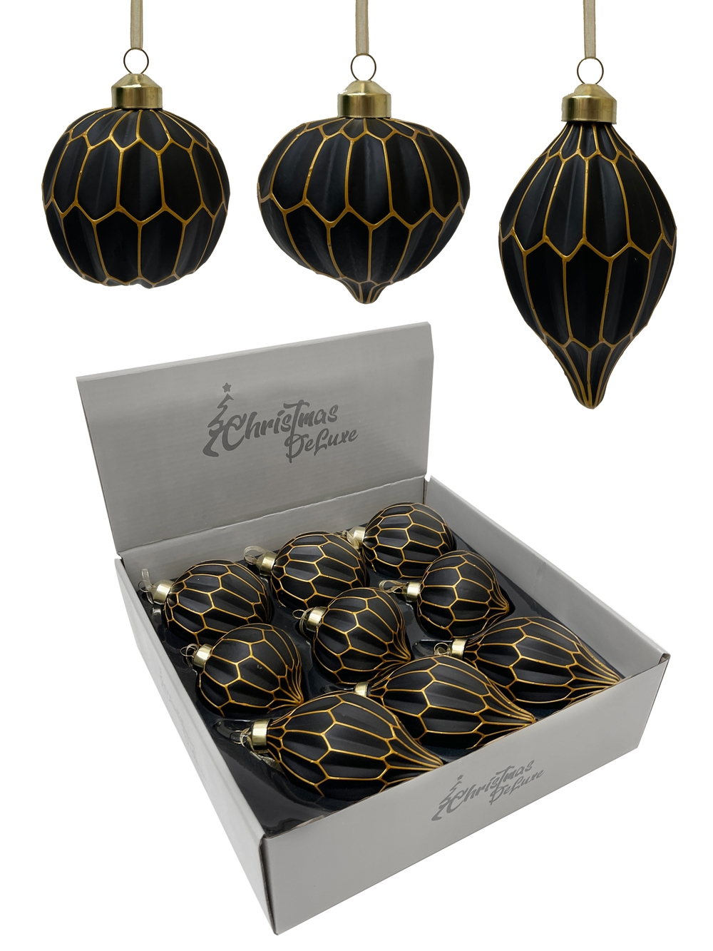 Изображение товара Стеклянные елочные украшения Шар капля луковка черный с золотом ø 8 см 3 вида в дисплее