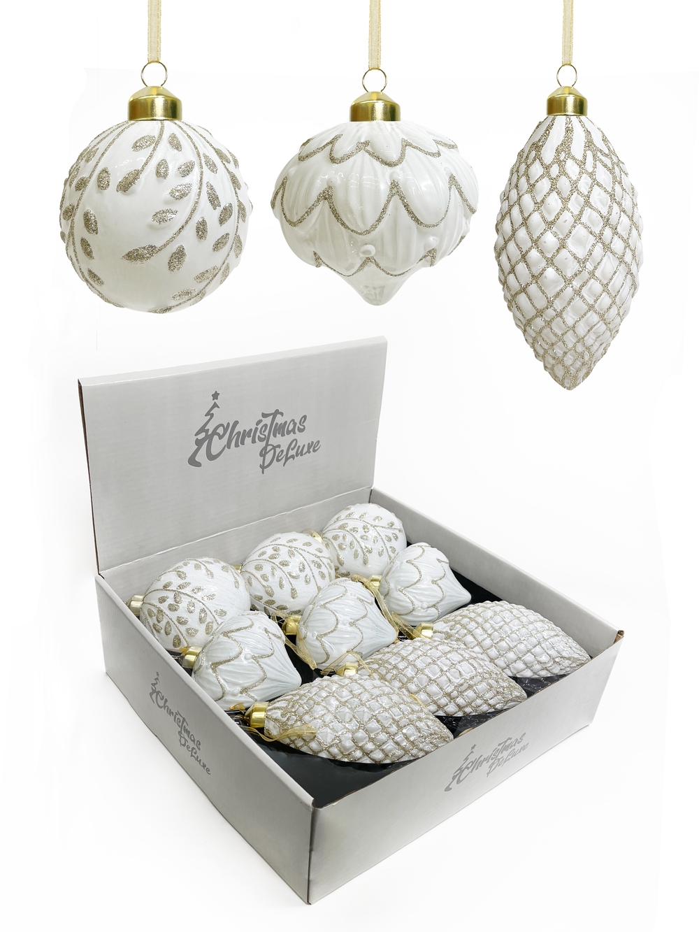 Изображение товара Стеклянный рождественский шар с золотым узором ø 8 см 3 вида в дисплее