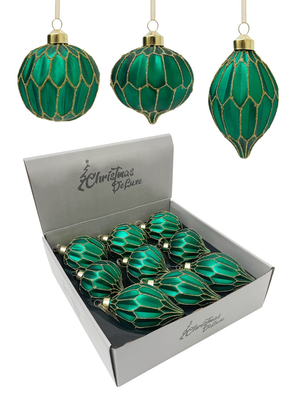 Изображение товара Стеклянный елочный шар изумрудный с золотым узором ø 8 см 3 вида в дисплее