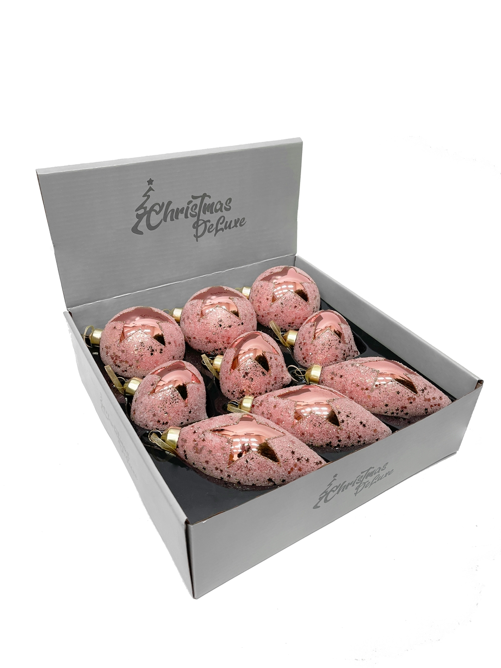 Изображение товара Стеклянный рождественский шар со звездой ø 8 см розовый 3 вида в дисплее