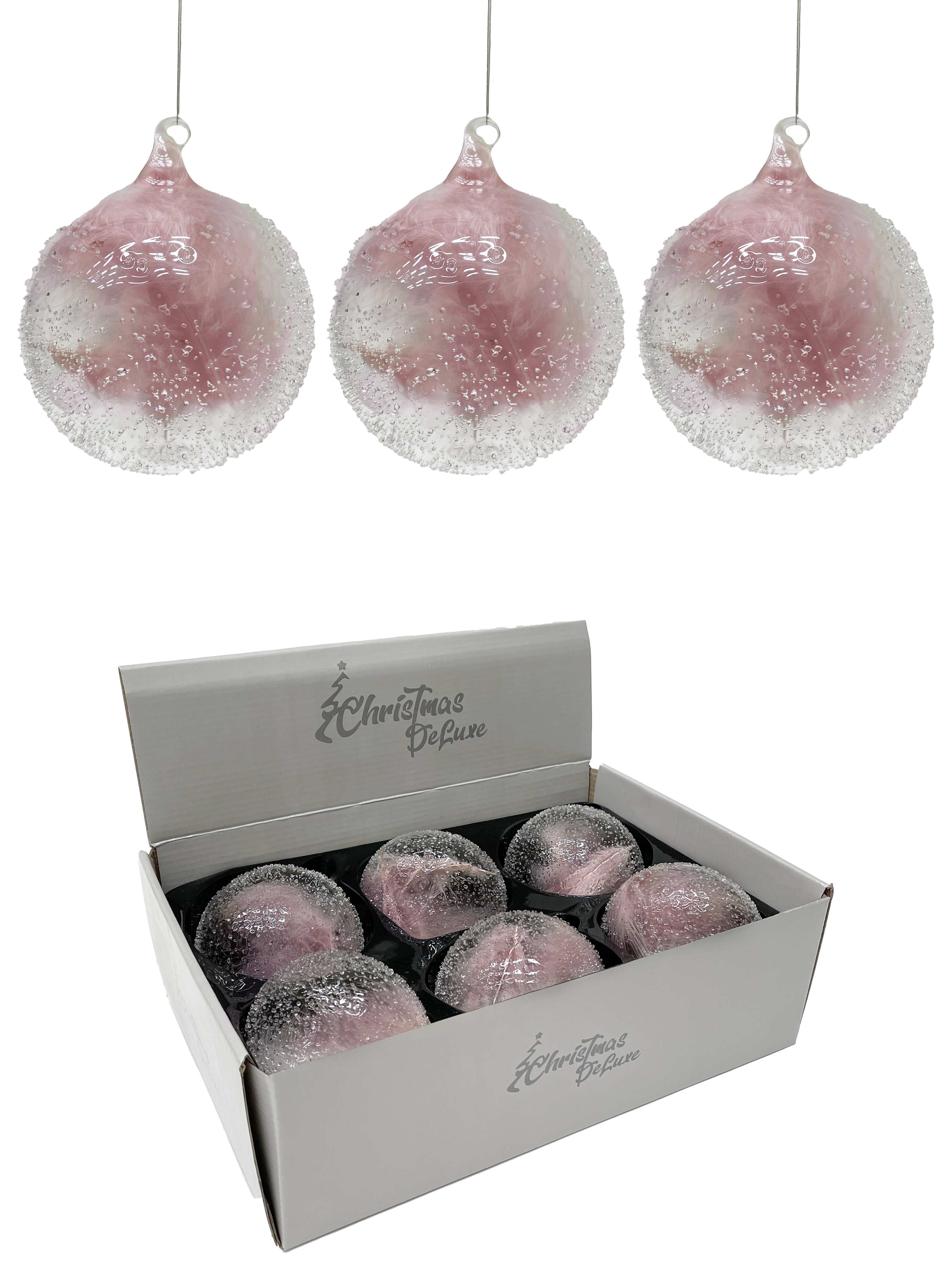 Изображение товара Шар/шар-луковка стеклянный ø 10 см прозрачный с розовым пером внутри (мин. Партия 6 шт.)