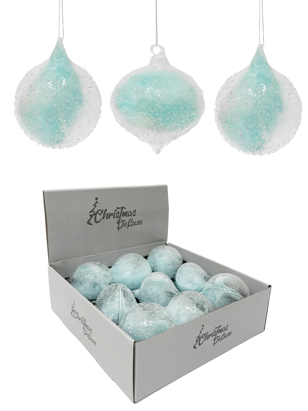 Изображение товара Шар/шар-луковка стеклянный ø 8 см прозрачный с голубым пером внутри (мин. Партия 9 шт.)