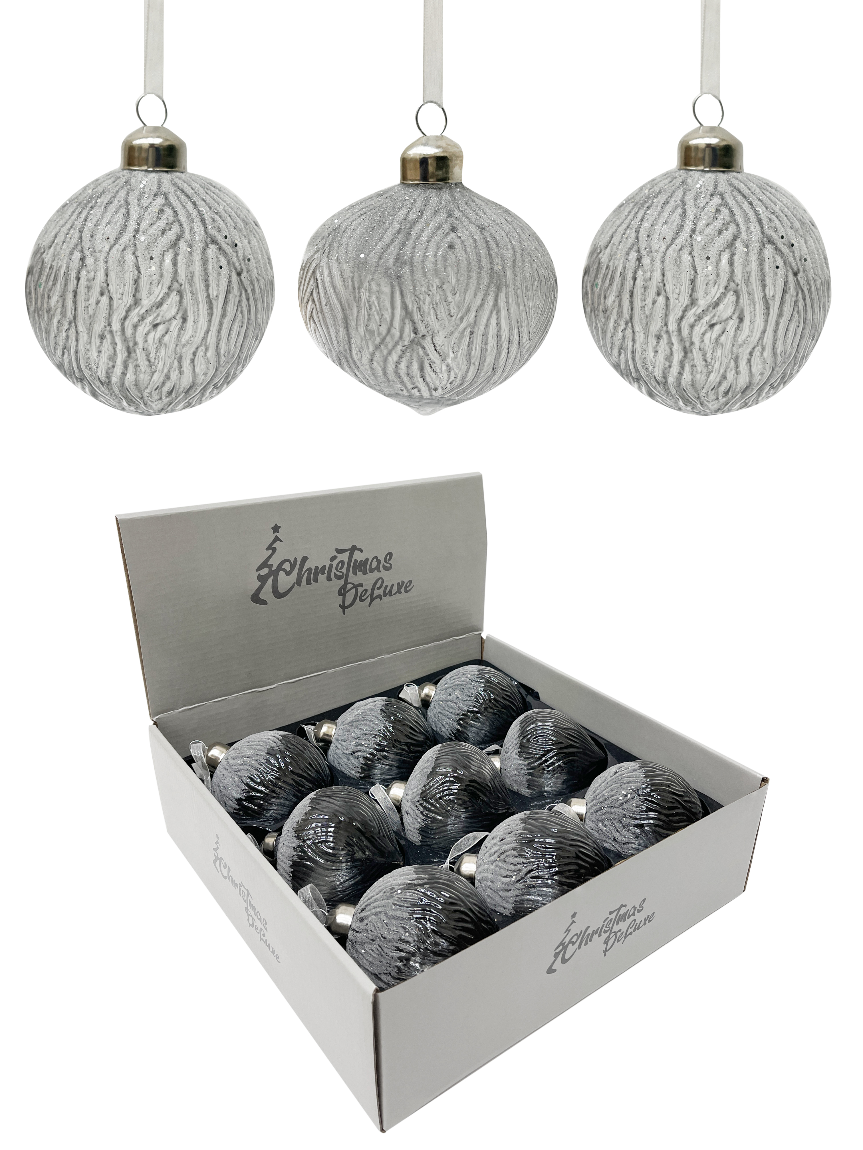 Изображение товара Шар/капля/шар-луковка стеклянный ø 8 см серый прозрачный с заснеженным верхом (мин. Партия 9 шт)