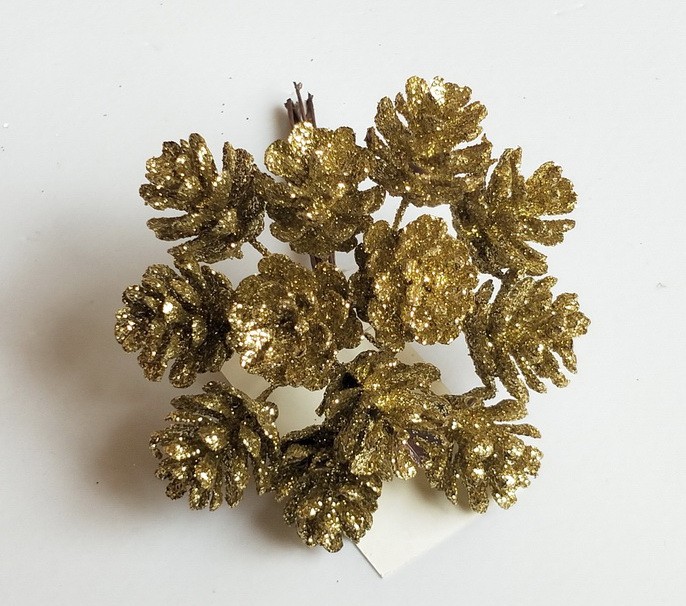 Изображение товара Набор шишек с глиттером на вставках 12шт., D2x2xL10см, золотой