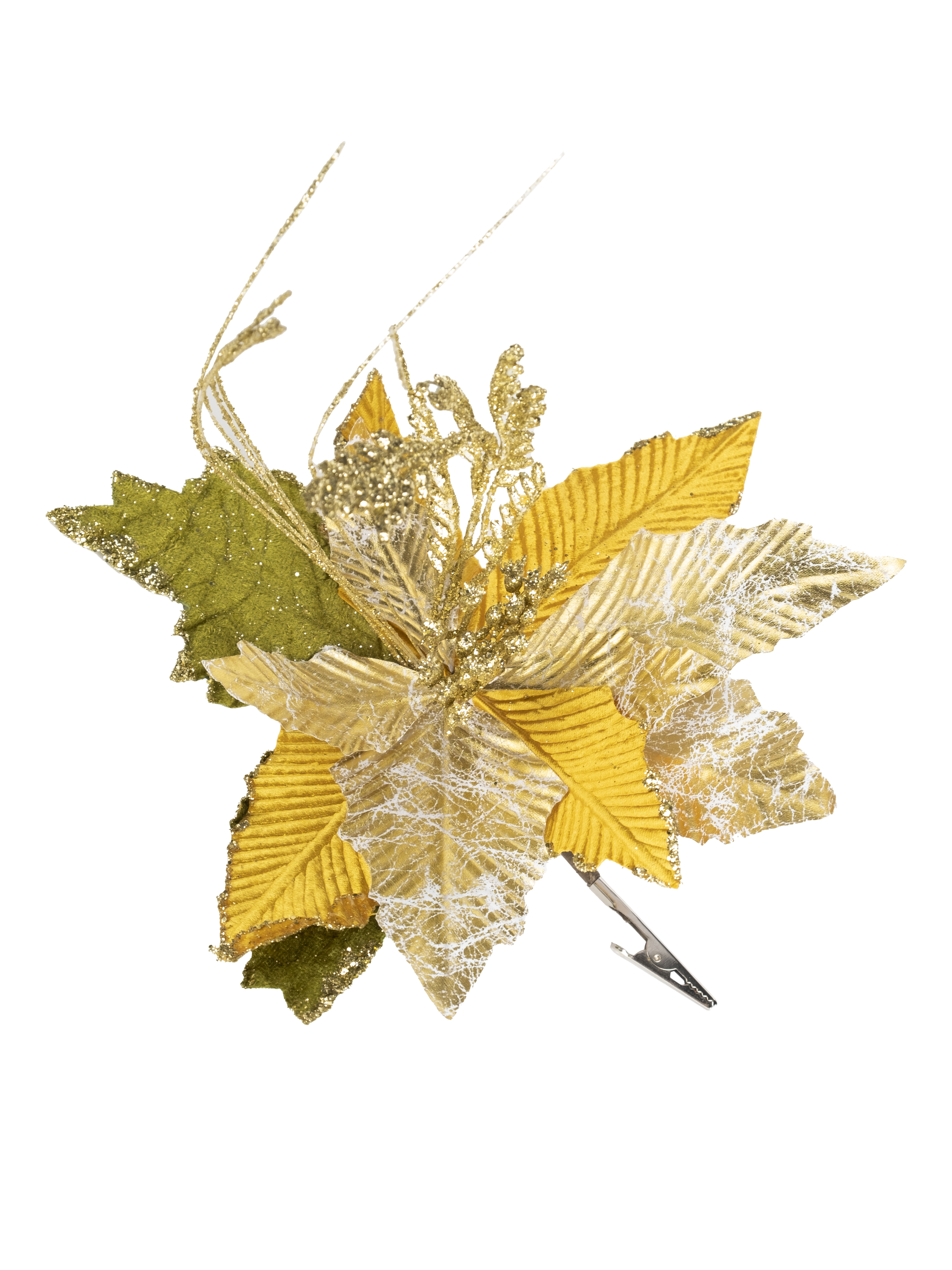 Изображение товара Новогоднее елочное украшение Золотой цветок с листиками из полиэстера