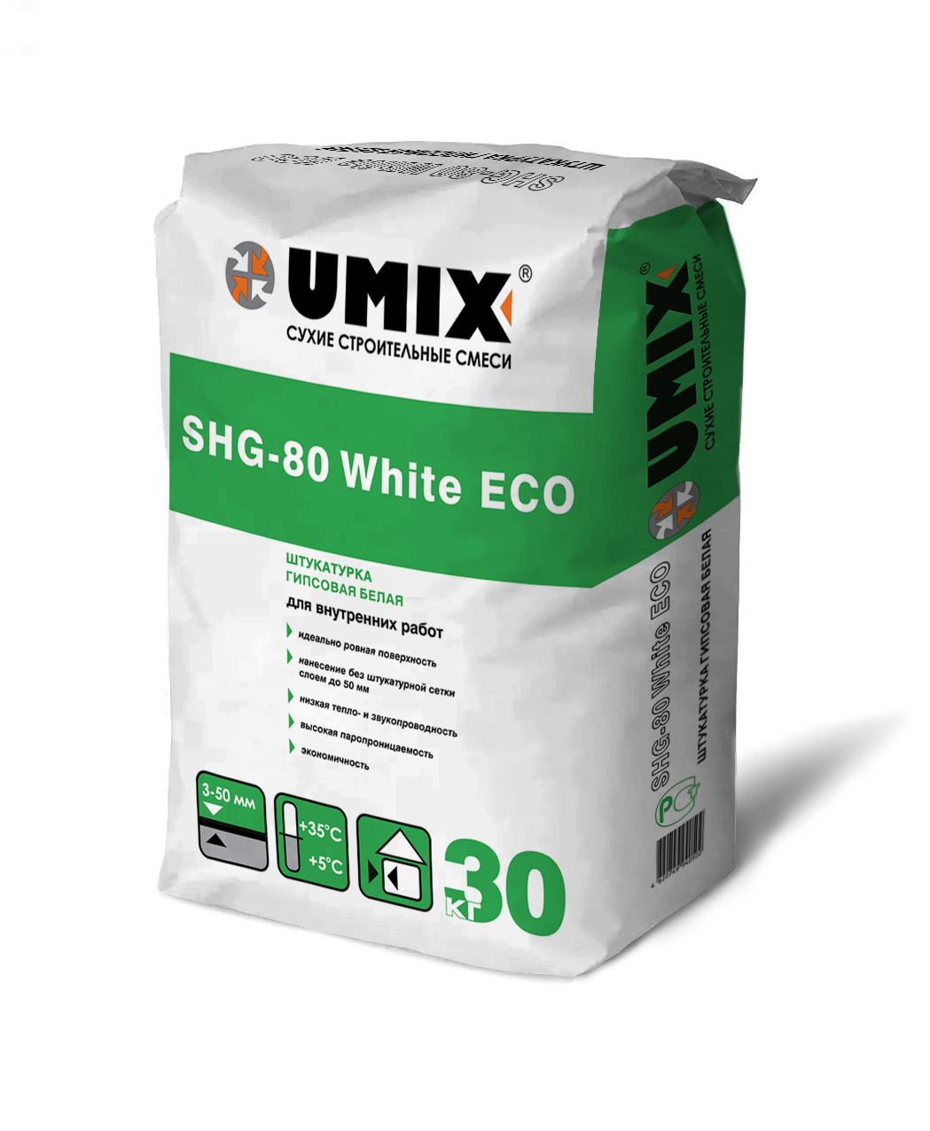 Изображение товара Гипсовая штукатурка UMIX ЭКО белая 30 кг для внутренних работ