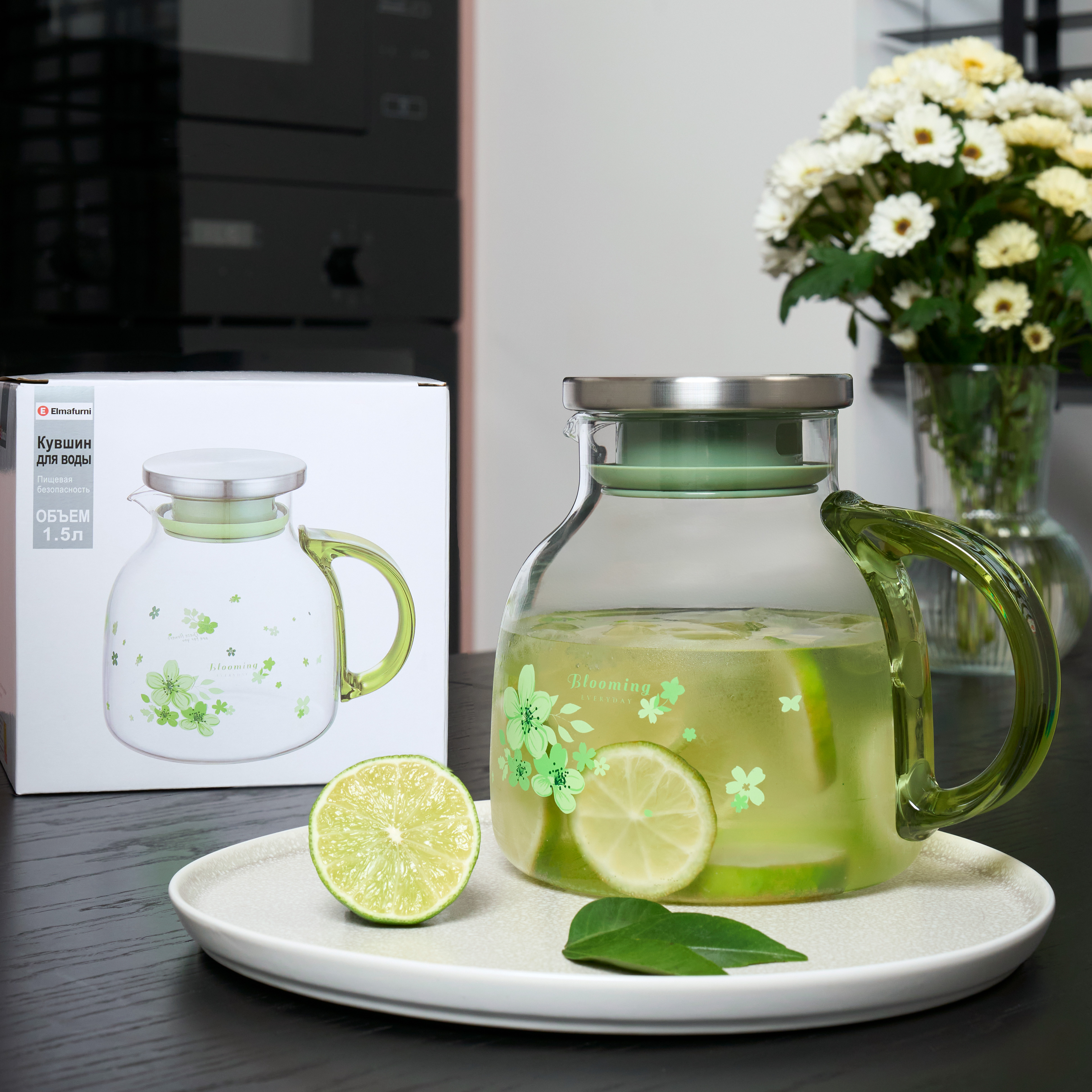 Изображение товара Кувшин для воды стеклянный ELMAFURNI 1,5 л графин с крышкой из жаропрочного стекла