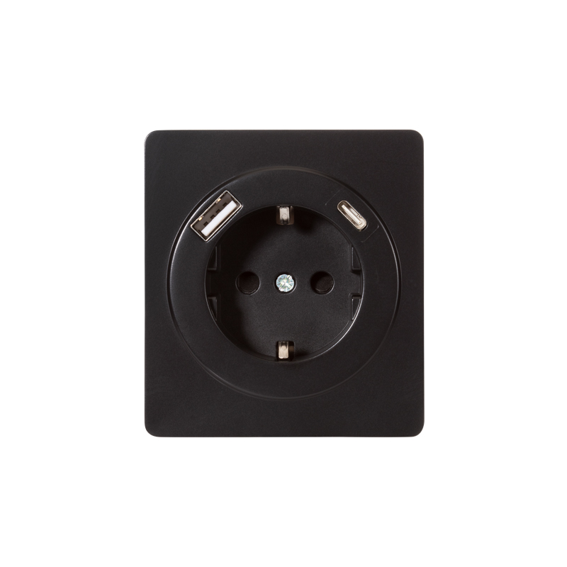 Изображение товара Розетка Kranz Round 1-ая с/з с/у з/ш 16А с USB A+C быстрой зарядки 5В/3А оникс