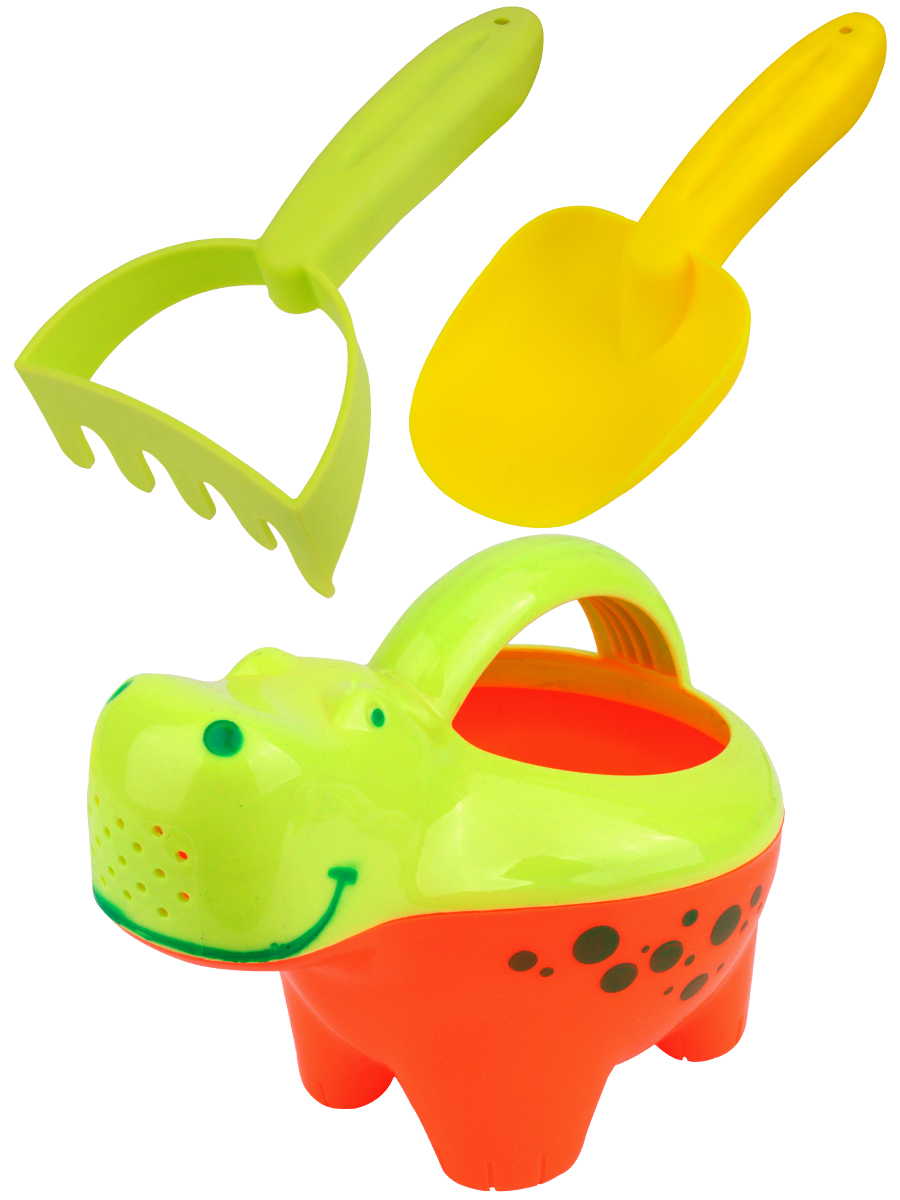 Изображение товара Песочный набор Бегемотик лейка лопатка грабли в сетке для детей