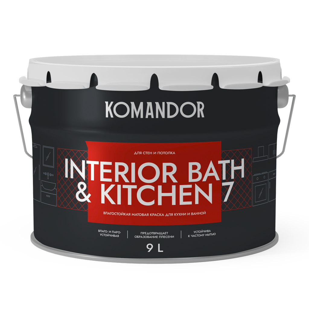 Изображение товара Краска влагостойкая матовая KOMANDOR INTERIOR BATH&KITCHEN 7 9 Л для влажных помещений