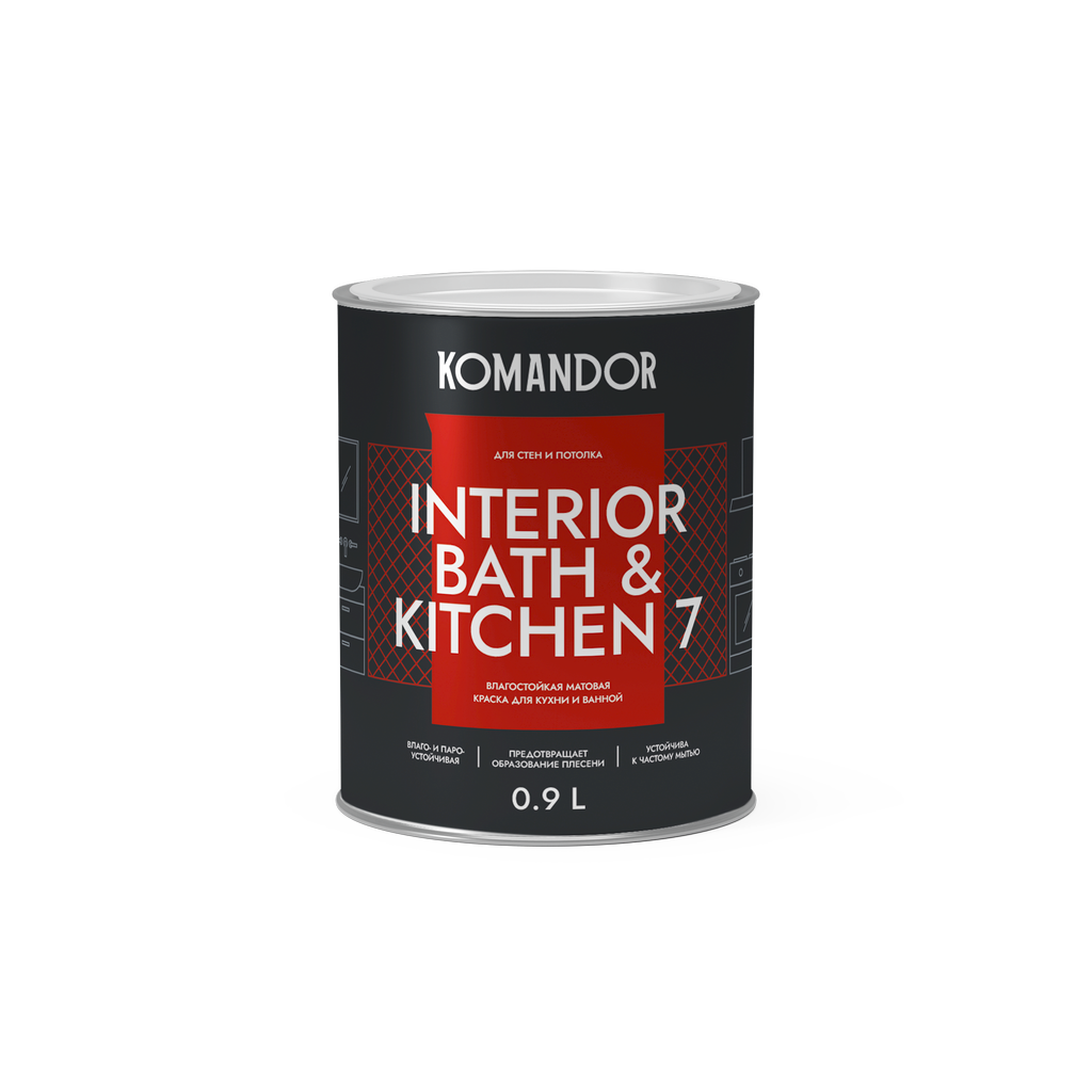 Изображение товара Краска влагостойкая матовая KOMANDOR INTERIOR BATH&KITCHEN 7 БАЗА C 0,9 Л