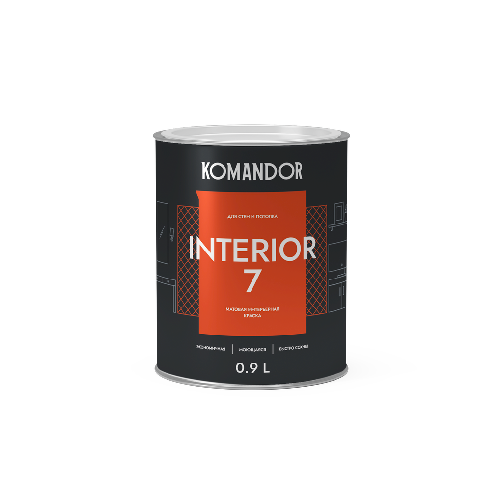 Изображение товара Краска для стен и потолков матовая KOMANDOR INTERIOR 7 БАЗА A 0,9 Л