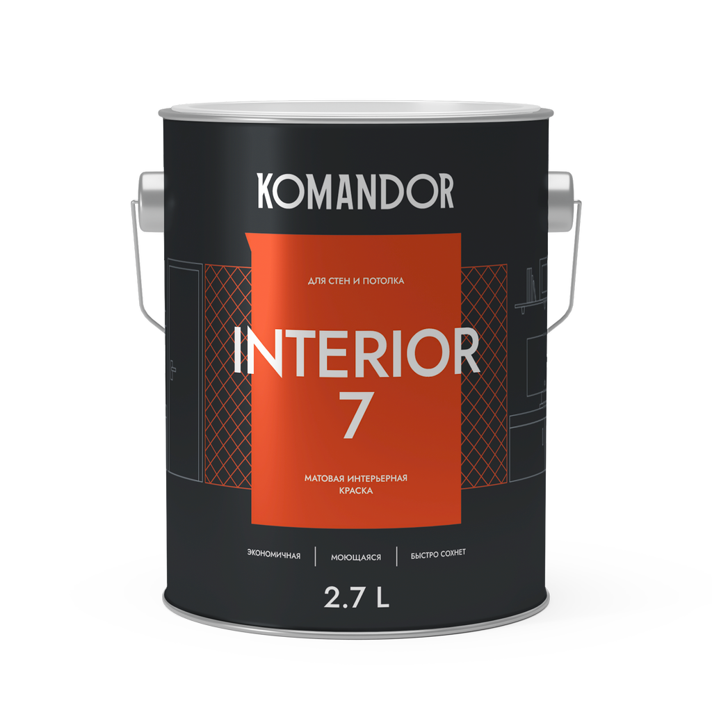 Изображение товара Краска для стен и потолков матовая KOMANDOR INTERIOR 7 БАЗА A 2,7 Л