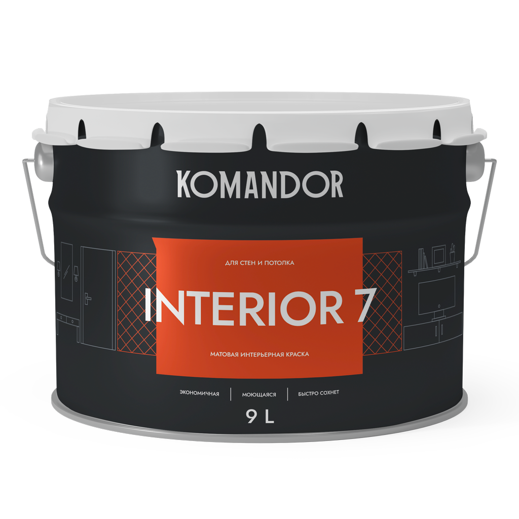 Изображение товара Краска для стен и потолков матовая KOMANDOR INTERIOR 7 БАЗА A 9 Л
