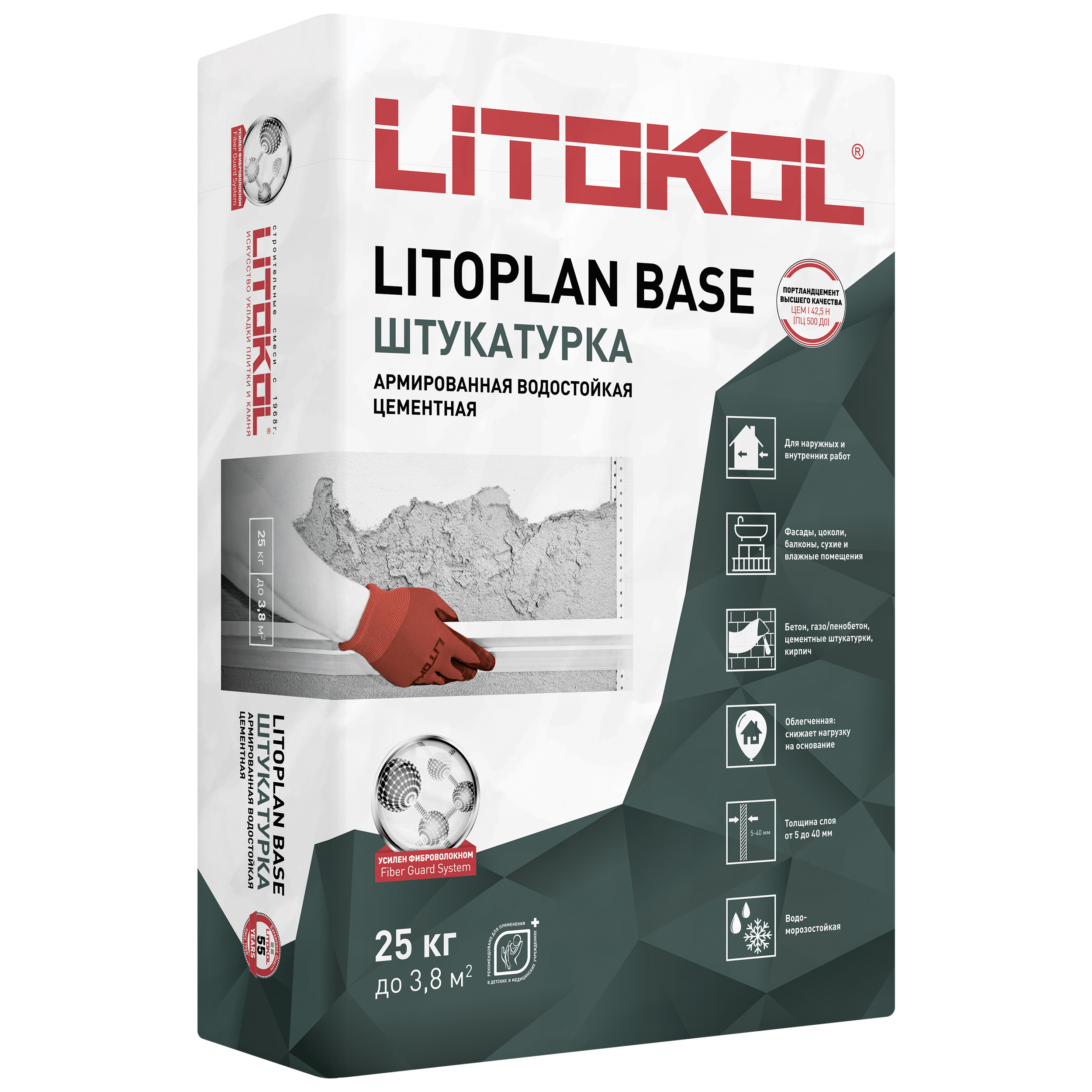 Изображение товара Цементная штукатурка LITOPLAN BASE серый 25 кг универсальное отделочное средство