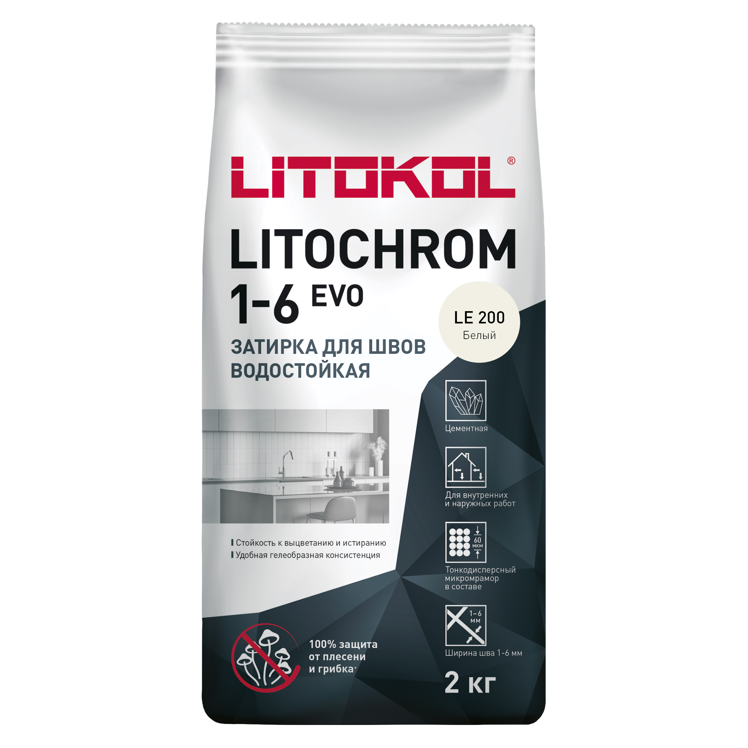 Изображение товара Затирка цементная LITOKOL LITOCHROM 1-6 EVO LE 200 белый 2 кг