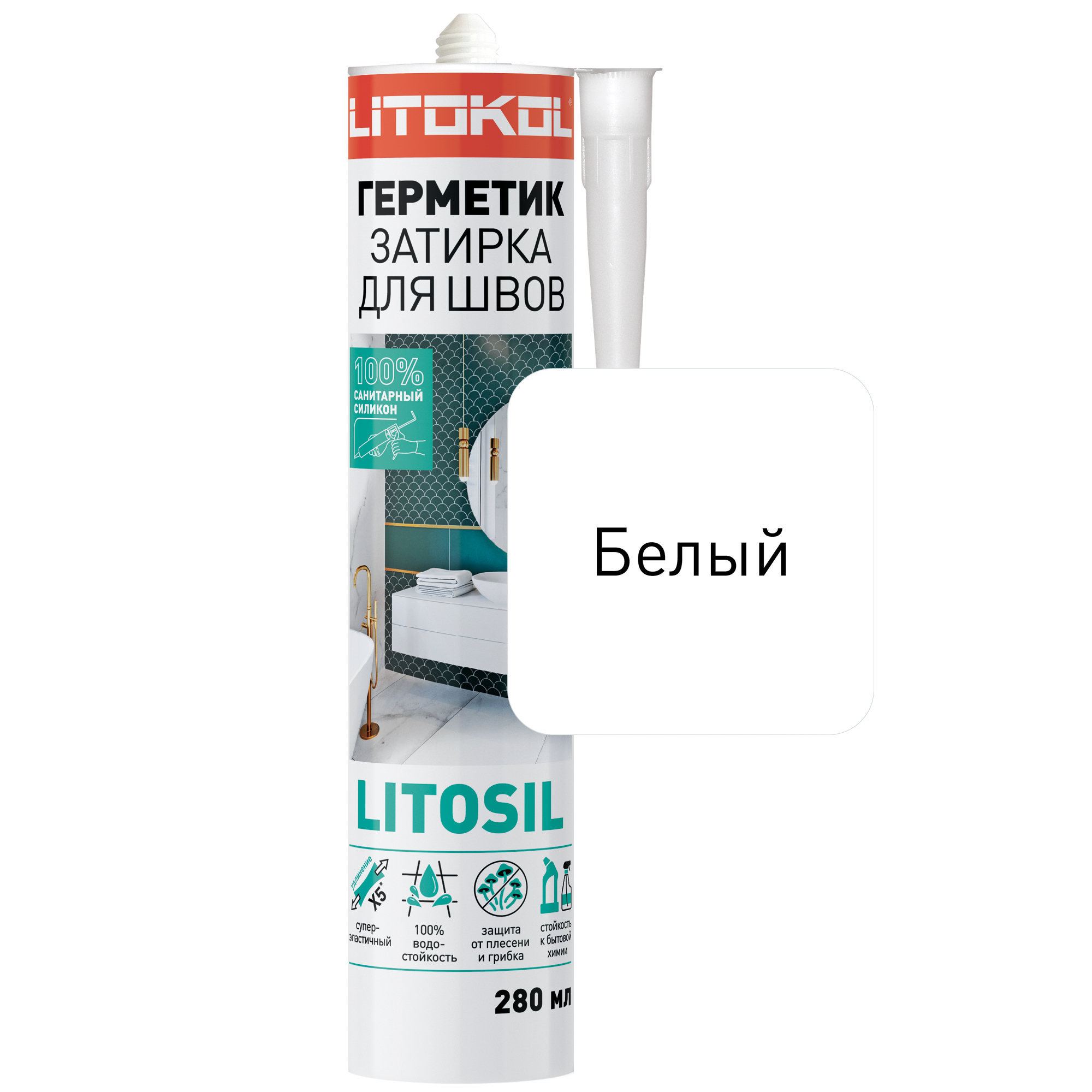 Изображение товара Герметик силиконовый санитарный Litokol белый 280 мл водостойкий для ванных комнат