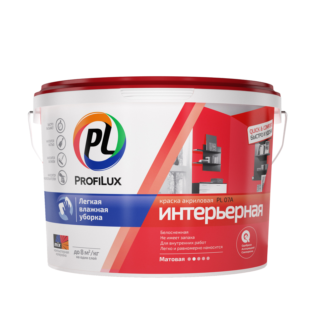 Изображение товара Краска Profilux PL-07A акриловая интерьерная, супербелая, 7 кг