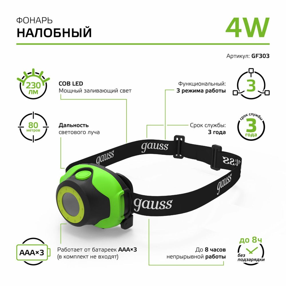 Изображение товара Фонарь налобный Gauss GFL303 4W 230lm LED для дальнего освещения