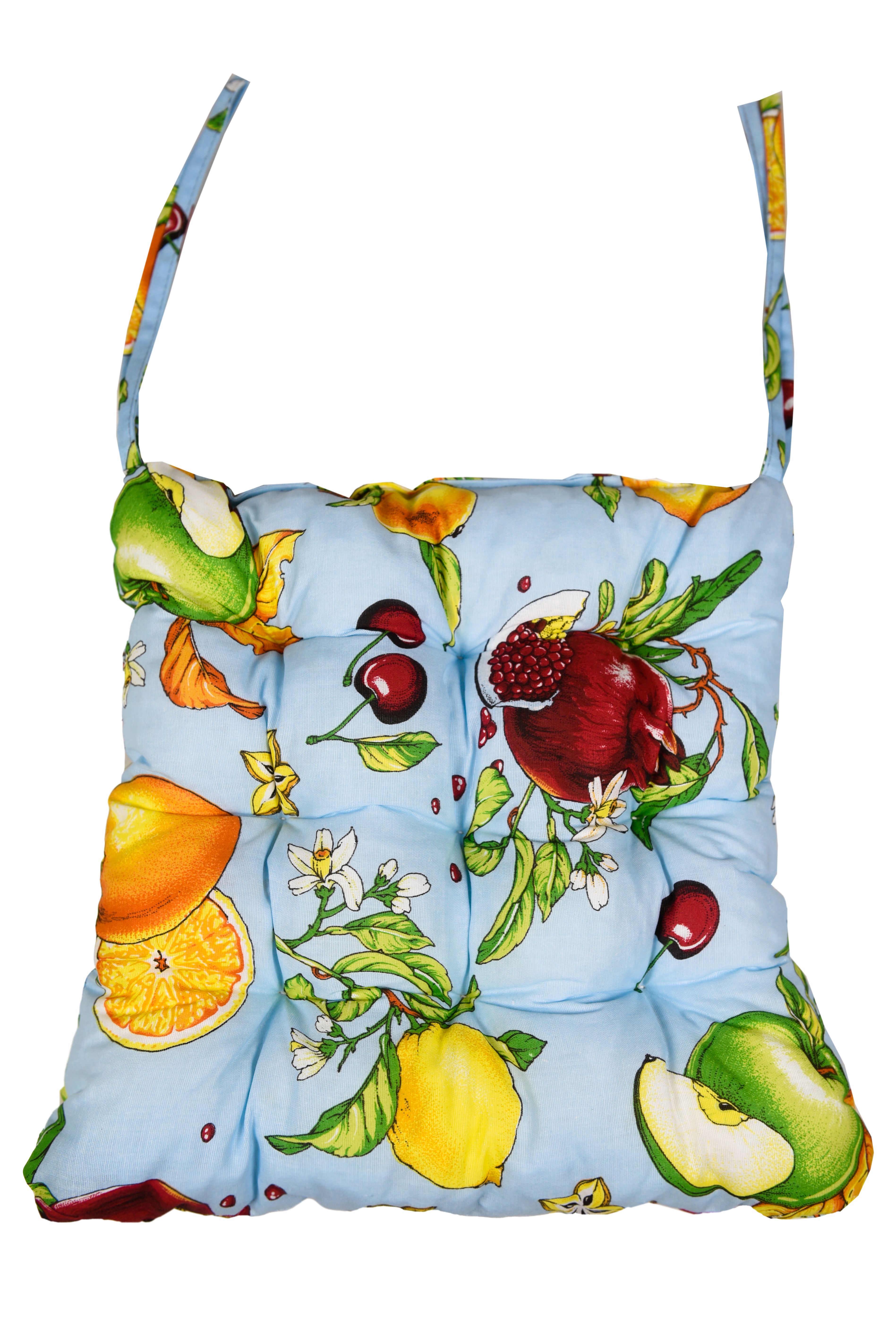 Изображение товара Сидушка 40х38х5 ФРУКТЫ на завязках , голубой