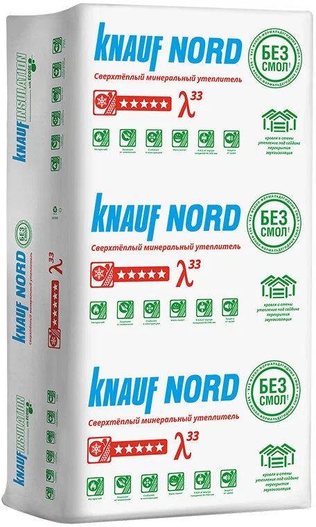 Изображение товара Утеплитель Knauf Insulation KNAUF NORD 100x600x1250 мм; 4,5 кв. м; 6 плит в упаковке, 1 уп.