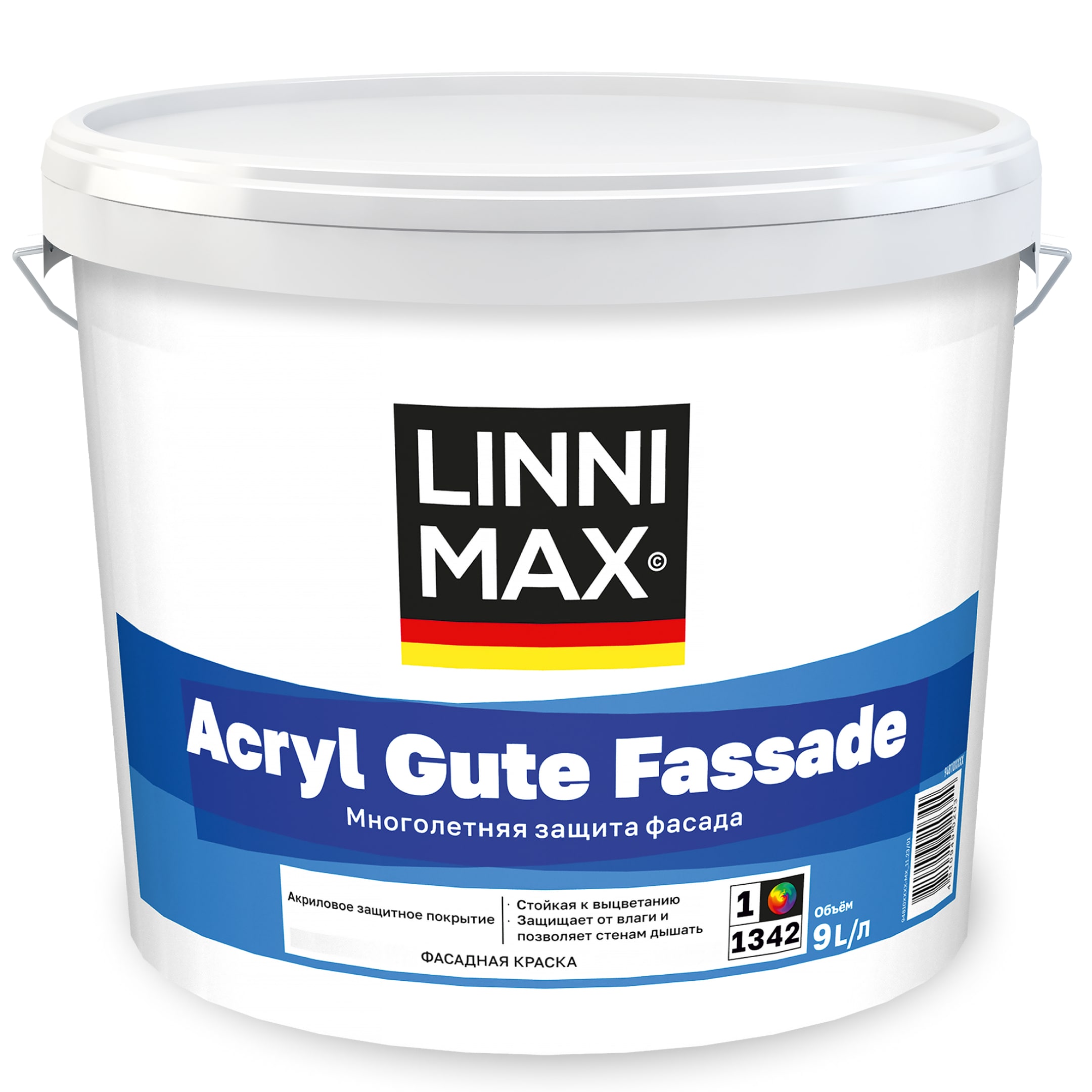 Изображение товара Фасадная водоразбавляемая краска LINNIMAX Acryl Gute Fassade 9 л, акриловая, атмосферостойкая