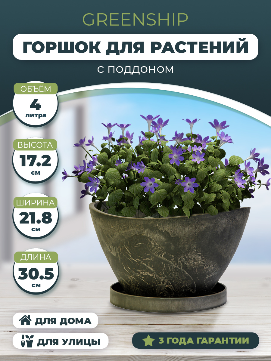 Изображение товара Горшок для цветов Лодочка 4 литра с поддоном темно-серый