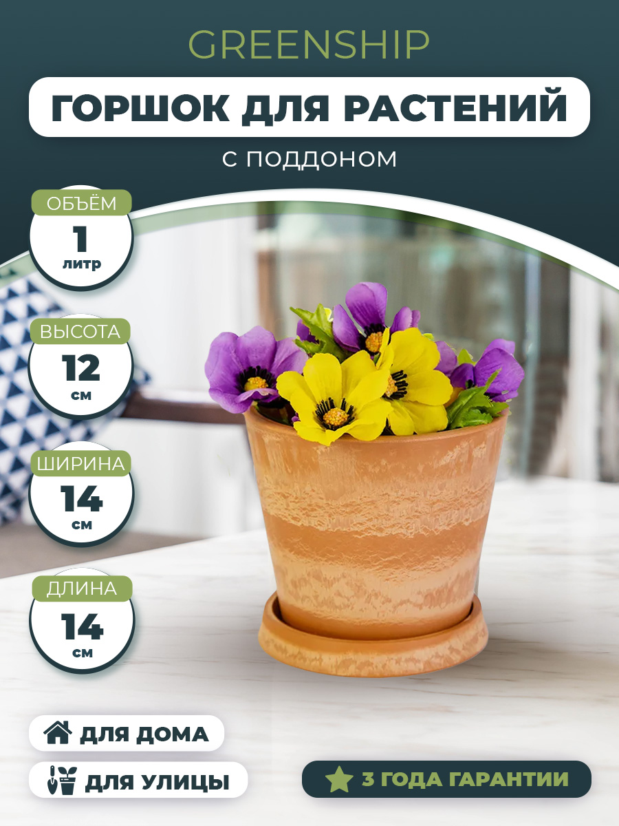 Изображение товара Горшок для цветов 1 литр из композитного пластика с поддоном, стиль лофт, терракотовый