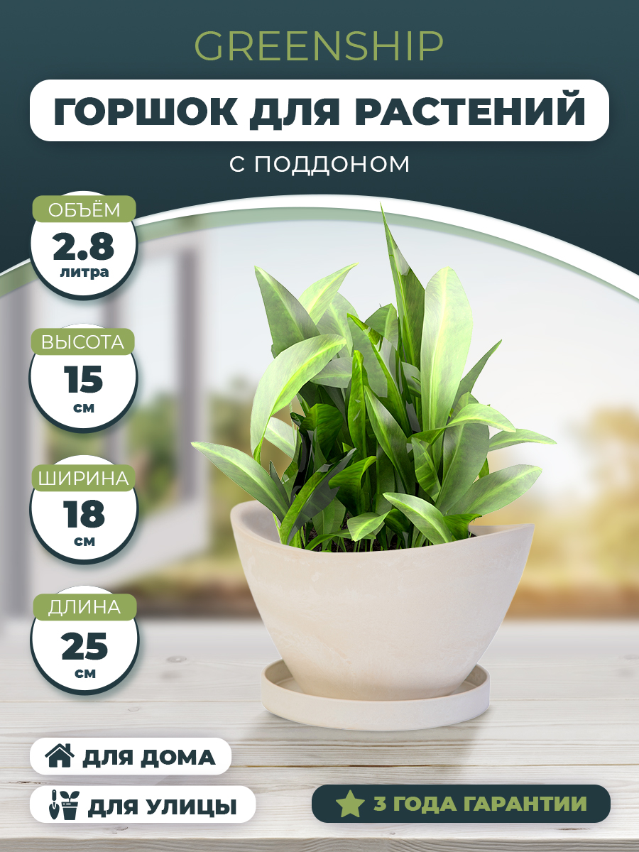 Изображение товара Горшок для цветов "Лодочка" 2,8 литра с поддоном, изготовлен из композитного пластика, цвет белый камень