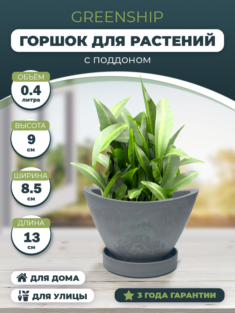 Изображение товара Горшок для цветов Лодочка 0,4л с поддоном из композитного пластика серый