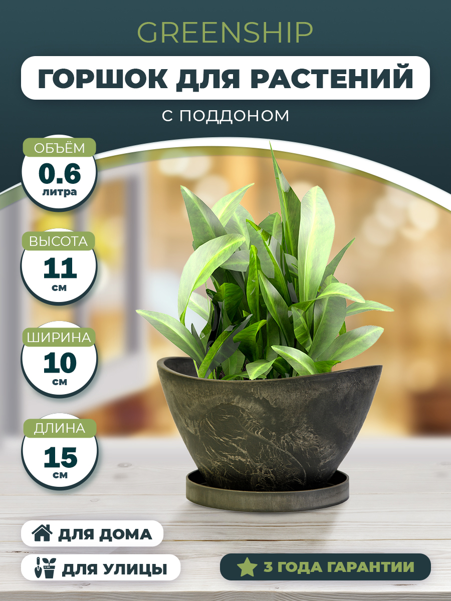 Изображение товара Горшок для цветов "Лодочка" 0,6л с поддоном, изготовлен из композитного пластика, цвет темно-серый