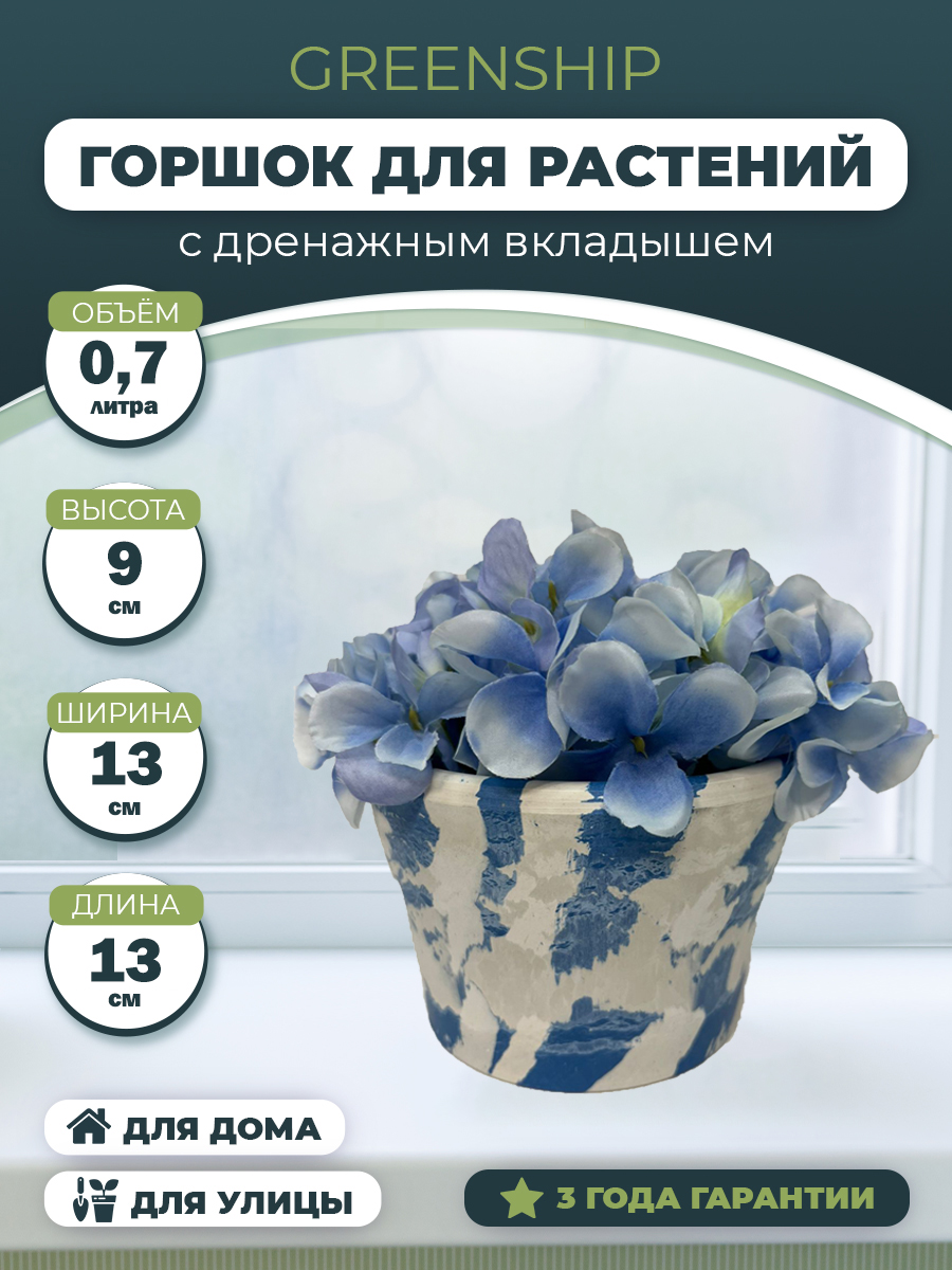 Изображение товара Кашпо для цветов 0,7 литра с дренажным вкладышем, изготовлено из композитного пластика, цвет белый c голубым рисунком