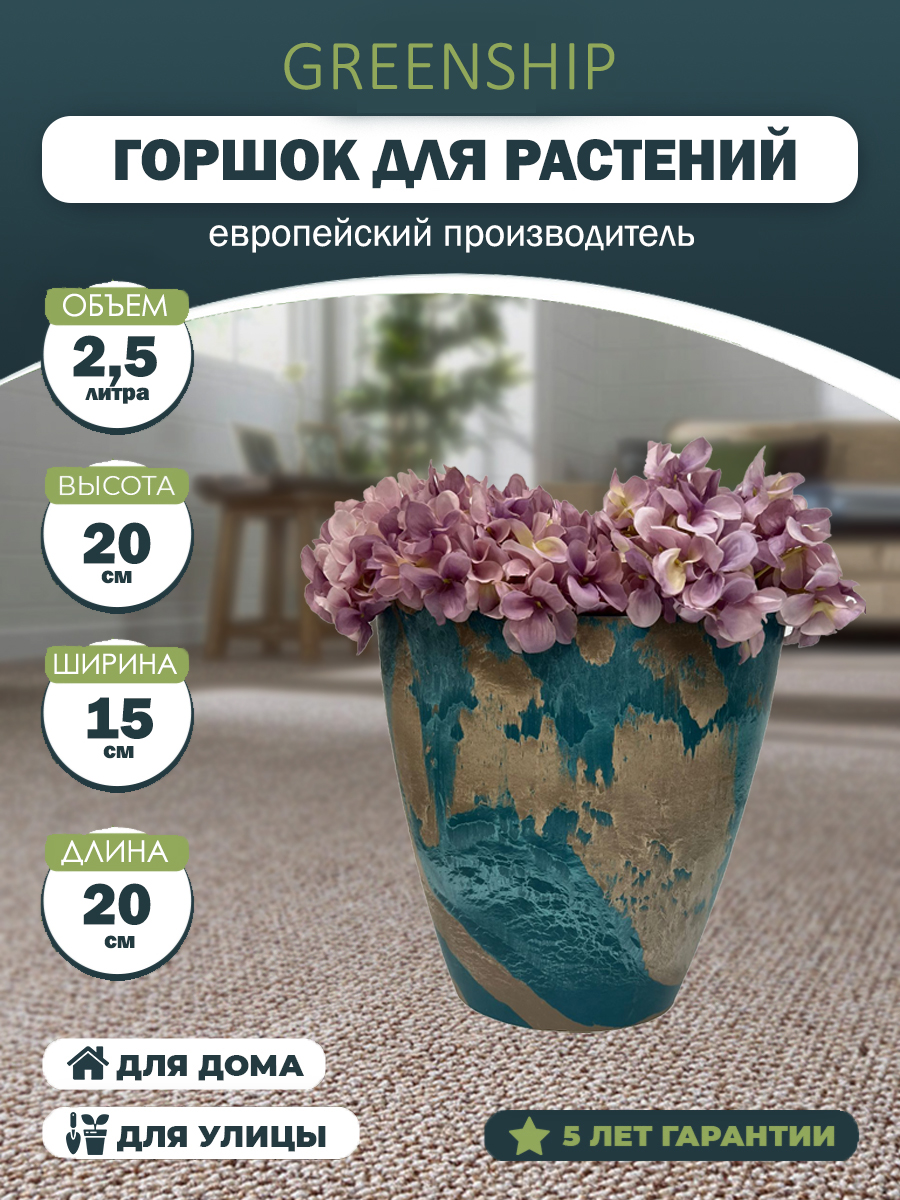 Изображение товара Кашпо для цветов из композитного пластика объем 2,5 литра бирюзовое дизайн имитация камня