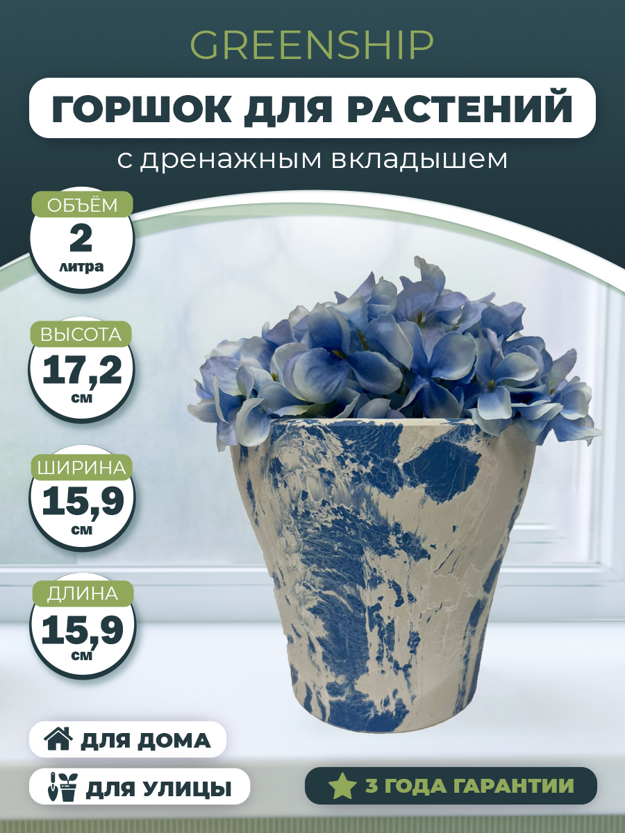 Изображение товара Кашпо для цветов 2 литра из композитного пластика с дренажным вкладышем бело-голубое
