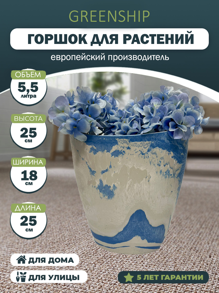 Изображение товара Кашпо для цветов 5,5 литра из композитного пластика стиль лофт белое с голубым рисунком