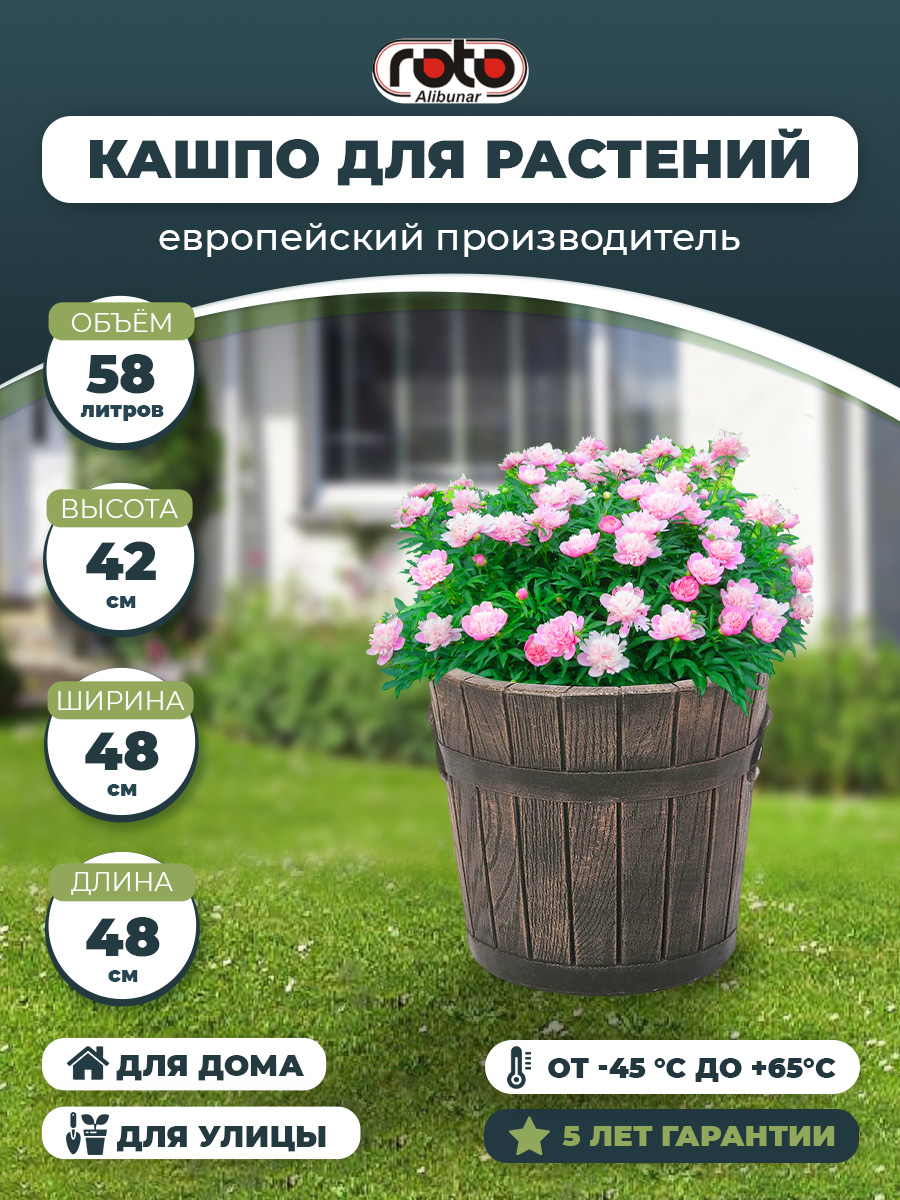 Изображение товара Кашпо классическое POLKA L 48х42 см из пластика коричневое с имитацией дерева