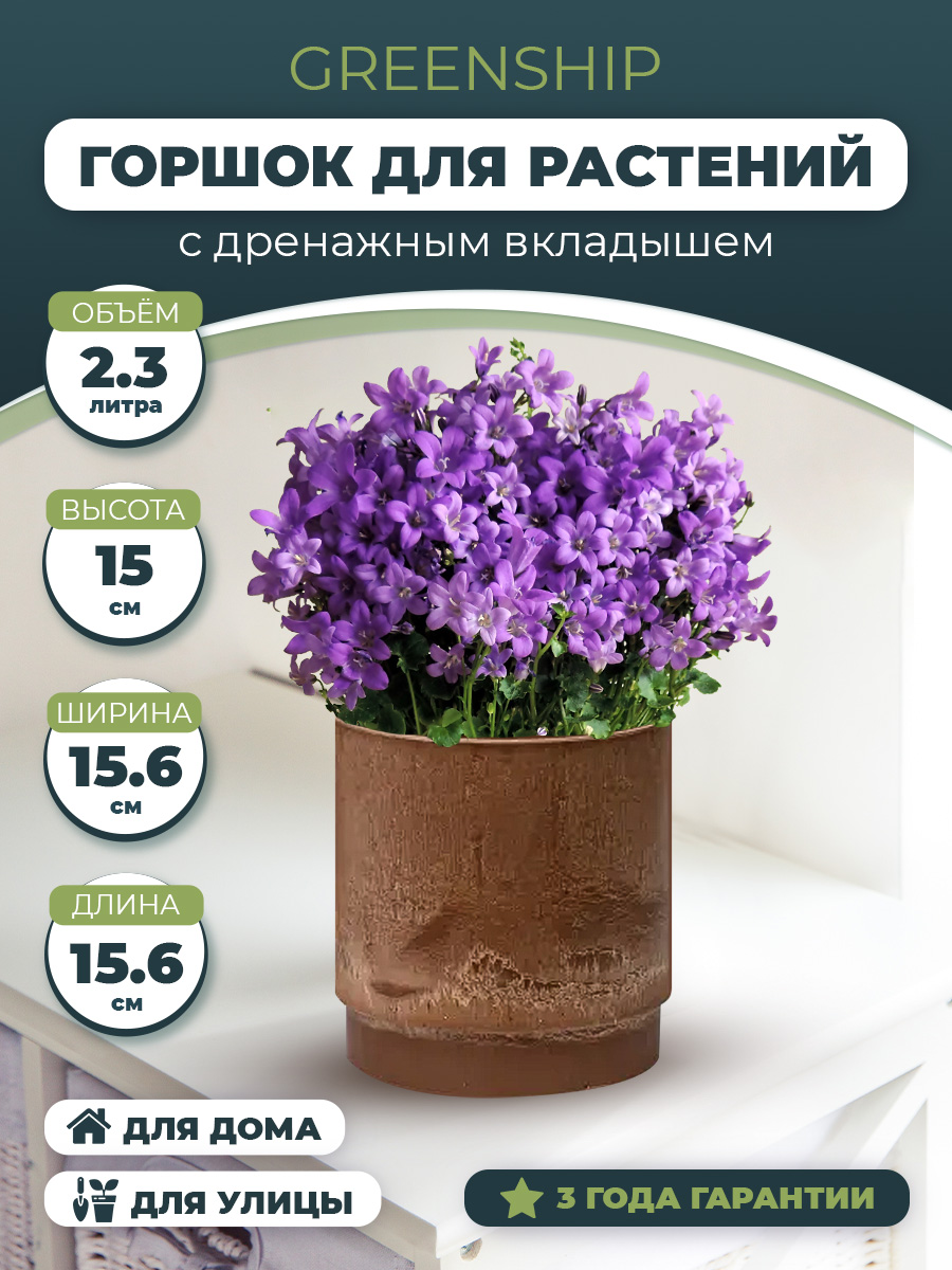 Изображение товара Кашпо для цветов круглое 2,3 литра с дренажным вкладышем, изготовлено из композитного пластика, цвет коричневый
