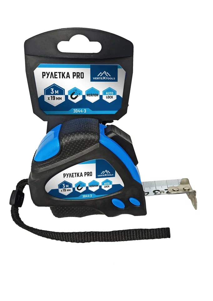 Изображение товара Рулетка vertextools нейлоновая 3 метра х 19 мм, автостоп 3044-3