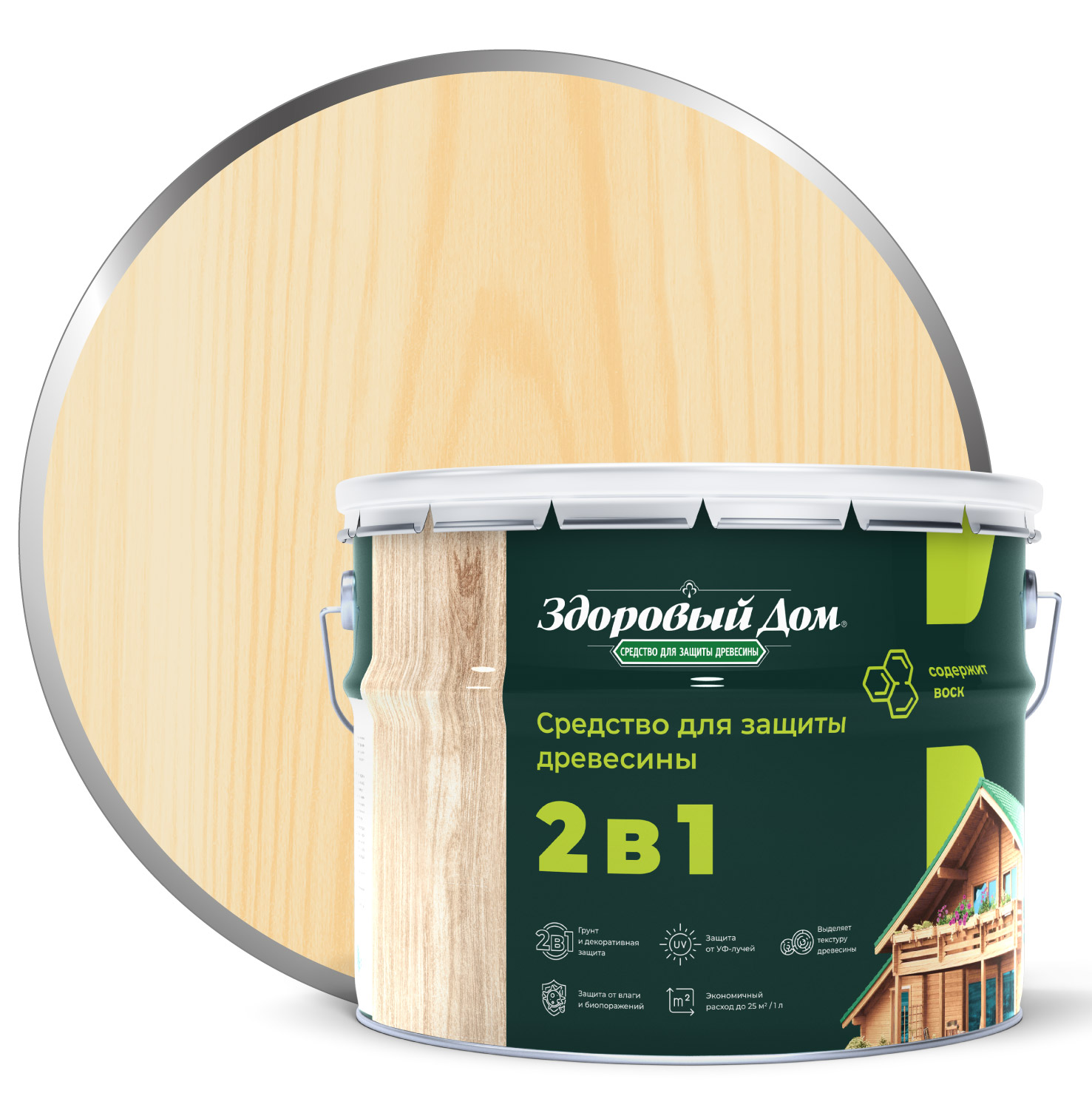Изображение товара Антисептик Здоровый Дом 2в1 Бесцветный 9л для защиты древесины и отделки